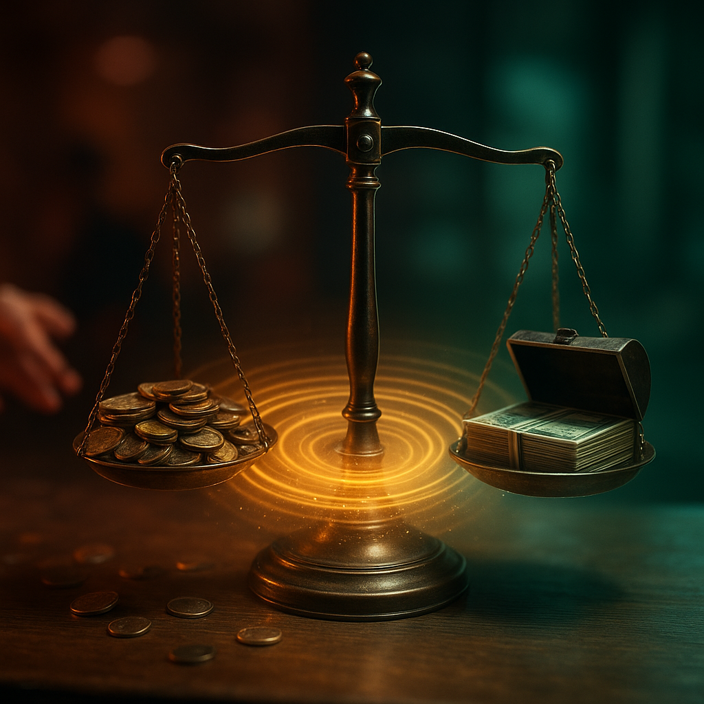 Fotografía conceptual hiperrealista del impacto de un corte de caja bien realizado en la rentabilidad de un negocio: una mesa de mostrador de recepción vista en perspectiva cinematográfica, con una balanza metálica de precisión en el centro equilibrando exactamente un montón de monedas y billetes reales con un pequeño cofre de caja abierto; desde el punto de equilibrio se expanden ondas circulares de luz dorada sobre la superficie, transformando sutilmente las monedas desordenadas y algunas gotas de efectivo que caen al vacío en una corriente limpia de partículas luminosas que desemboca en una caja perfectamente organizada. En el lado izquierdo, fuera de foco y bajo luz rojiza, se perciben manos apresuradas, monedas dispersas y sombras caóticas que sugieren pérdidas y ansiedad; en el lado derecho, iluminado con tonos verdes y turquesa asociados con control, eficiencia y confianza, el efectivo está alineado con precisión milimétrica y la escena transmite estabilidad y rentabilidad. Composición de alto impacto visual, metáfora de causa y efecto capturada en un instante real, sin mostrar pantallas, texto, números, letras, recibos legibles, logotipos ni marcas. Materiales auténticos, reflejos naturales en metal y papel moneda, profundidad de campo reducida, iluminación cinematográfica de estudio mezclada con luz ambiental de un local comercial, lente de 35 mm, apertura f/1.4, enfoque nítido en la balanza y las monedas, bokeh orgánico en el fondo, fotografía DSLR de formato medio, resolución 8K, texturas realistas, rango dinámico amplio, apariencia de fotografía editorial premium, surrealismo físico convincente pero totalmente fotorealista., photorealistic rendering, professional DSLR photograph quality, natural cinematic lighting, real materials and textures, 8K resolution, shallow depth of field where appropriate, no text, no diagrams, no charts, no illustrations, no vectors, no cartoons